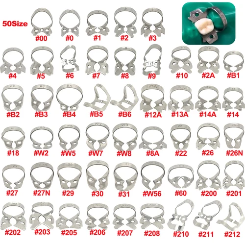 Imagen 2 del producto Abrazaderas de dique de goma Dental de 50 tamaños, Clips de barrera restauradora endodóntica de acero inoxidable, Material de ortodoncia para odontología
