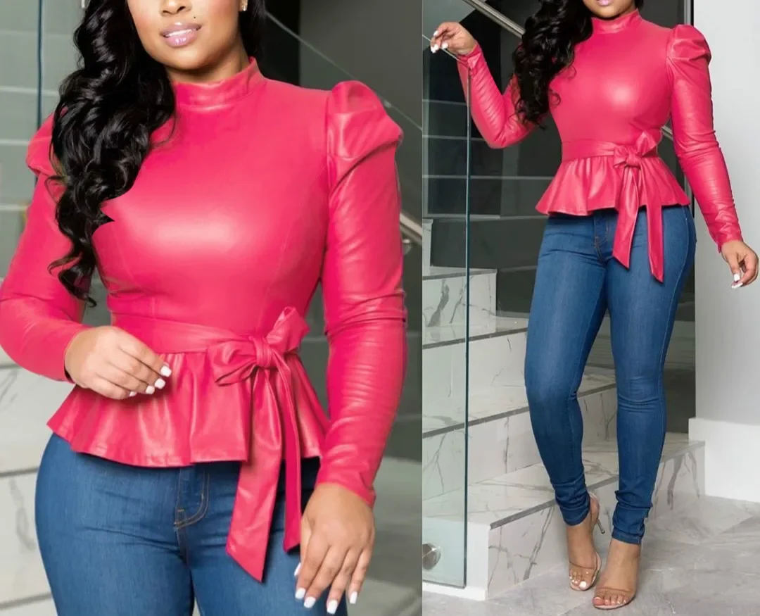Women Bonded Leather Long Sleeve Slim Solid Pullover High Street Tops Cool Mulit-Colors Locomotive Style T-Shirt with Sashes