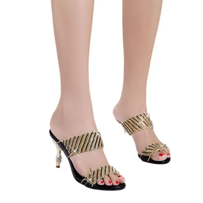 2024 New Women\'s Summer Fashion Sexy Sandals Gold One-word Diamond Stiletto Heel Medium Heel Rhinestone Sandals