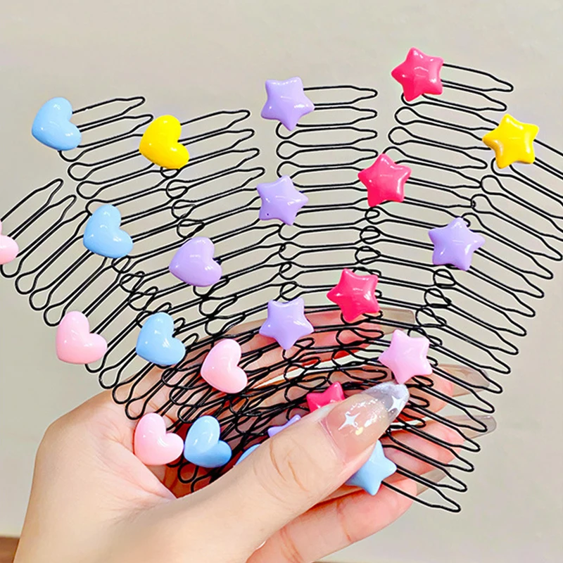 New Cute Colorful Heart Star Bow Pull-out Stretch Metal Hair Comb For Girls Broken Hair Finish Headband Fashion Hair Accessories