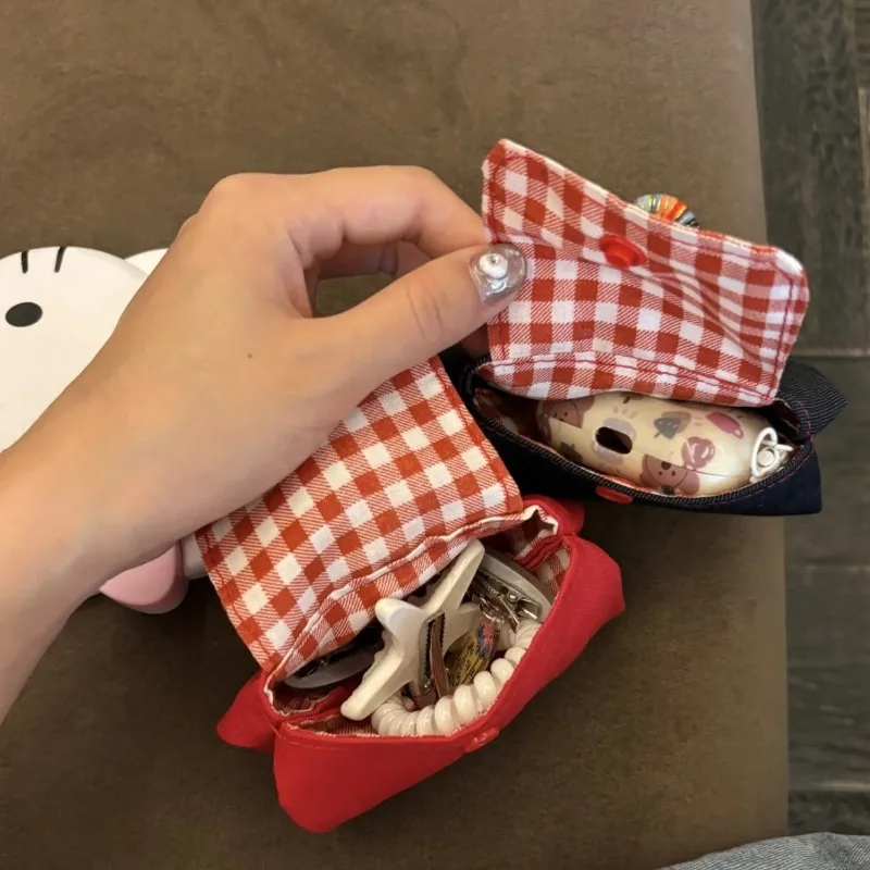 Red checkered small bag cute and exquisite headphone bag denim canvas can be hung on the bag small bag portable pendant
