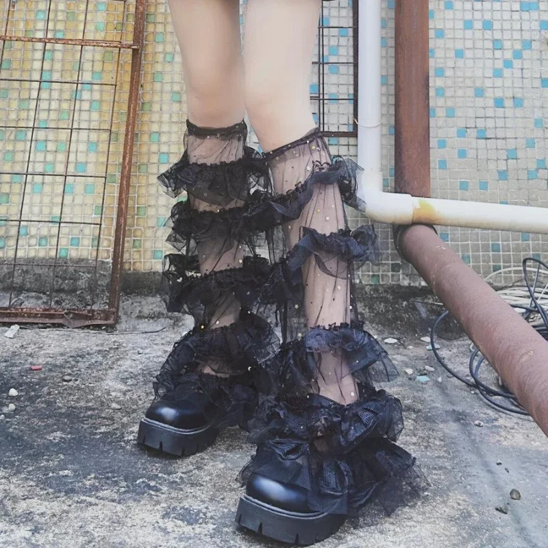 Conjunto de perna de retalhos de renda doce e legal estilo puro desejo meias y2k, pilha de tubo médio meias de perna lolita
