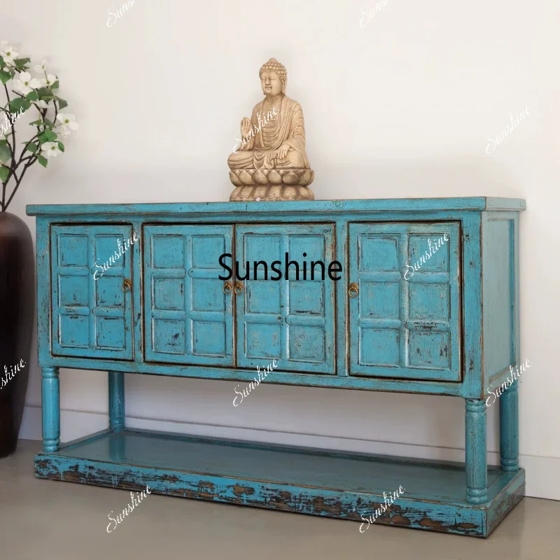 New Chinese-style entryway, solid wood furniture vintage and vintage blue decoration, country-style sideboard