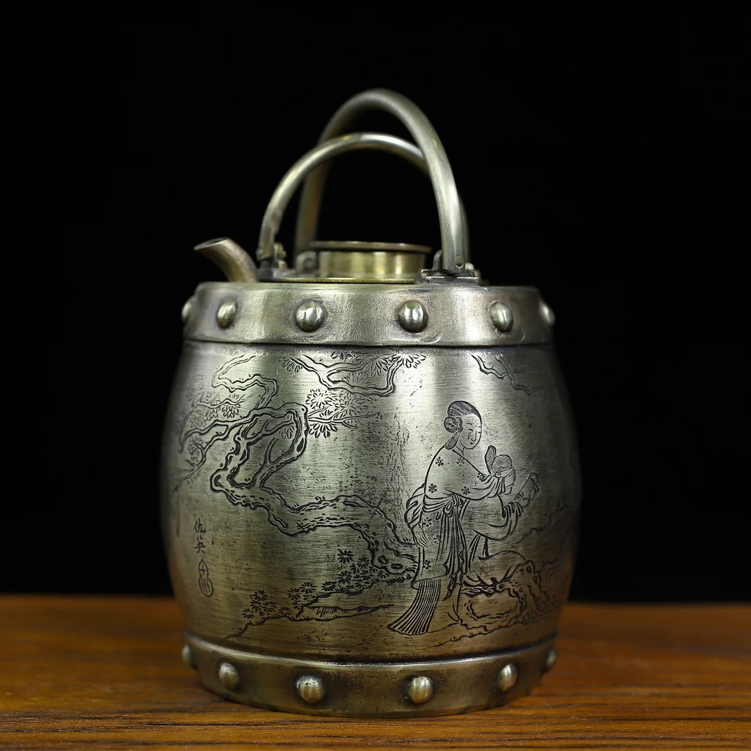 White Copper Engraved Human Story Motifs, Round Drum-Shaped Wine Warmer With Handle, Decorative Piece