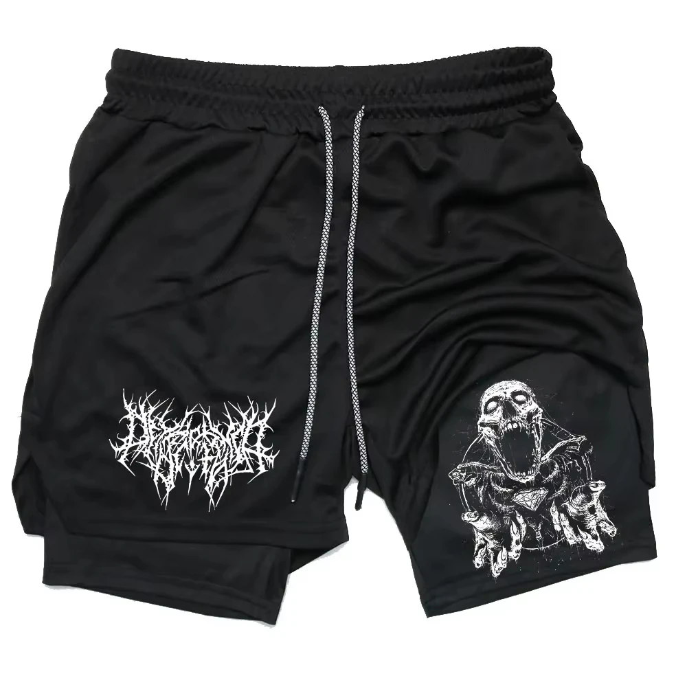 Shorts de sport pour homme à séchage rapide, double couche, avec imprimé crâne, pour entraînement, course et fitness