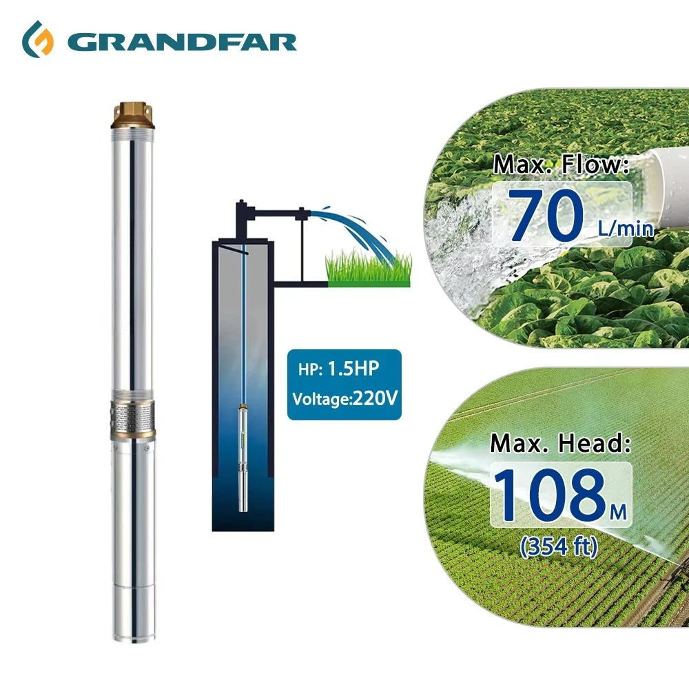 

GRANDFAR 3 Inch 1.5 70L/min 108m AC High Pressure Submersible Pump 1.1kw 108m Deep Well Pump For Agriculture OEM Supported