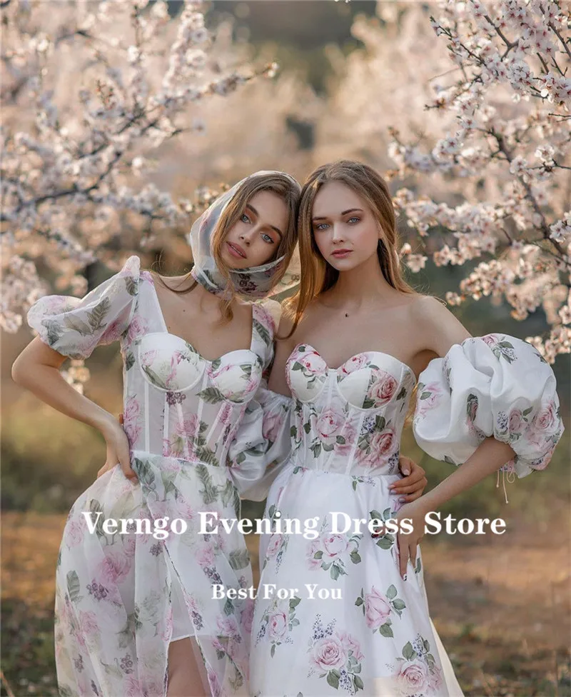 Verngo-Vestidos de Noche estampados de línea A para mujer, mangas abullonadas, escote Corazón, tren largo de 90 cm, vestidos de graduación formales elegantes, bata de matrimonio