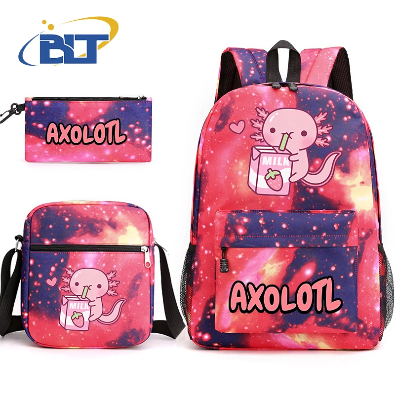 Axolotl borsa da scuola per bambini stampata set da 3 pezzi zaino per studenti borsa a tracolla astuccio per matite set regalo scolastico per bambini