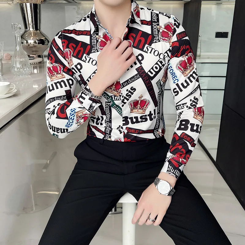 Luxury Crown Print Shirts Men Slim Long Sleeve Casual Shirt British Style Business Formal Dress Shirt Social Party Tuxedo Blouse