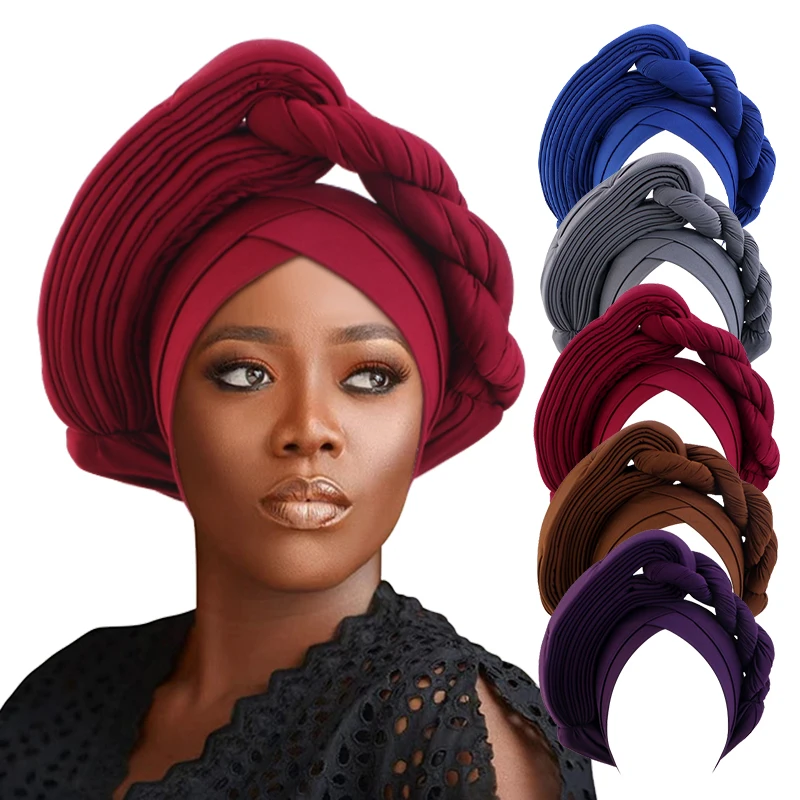 New Women Elegant African Autogele Braid Turban Cap Nigeria Wedding Party Headpiece Hijab Head Wraps Bonnet Muslim Headscarf Hat