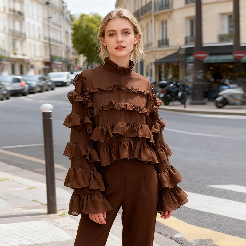 

Блузка с рукавами-фонариками и отделкой «лист лотоса», осенняя новинка, однотонная свободная блузка для женщин