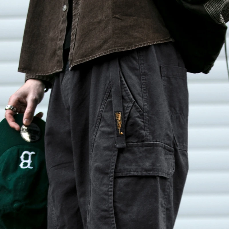 American Vintage Cotton Cargo Pants Men Tactical Loose Fit Straight Leg Streetwear Khaki Premium Workwear Plus Size Trousers