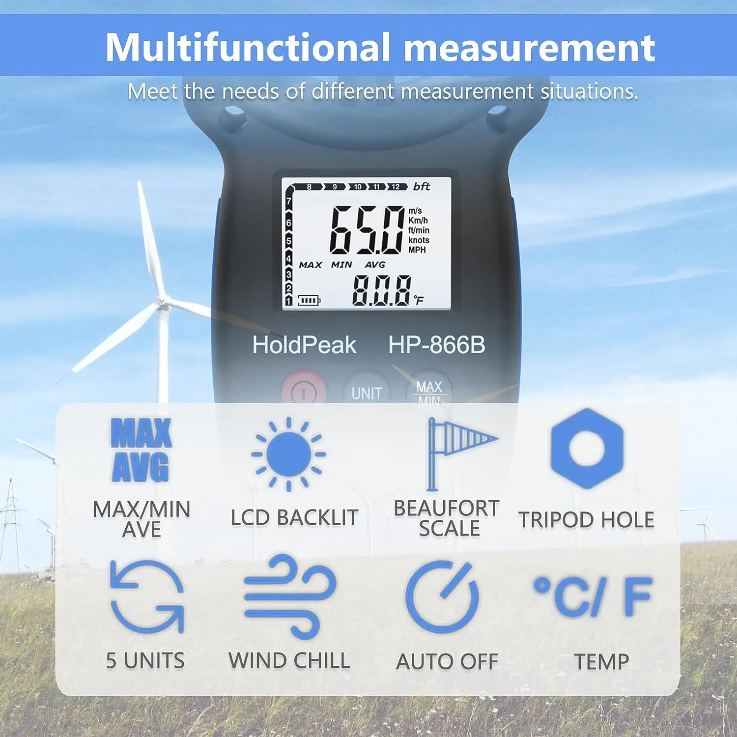 Imagem -03 - Anemómetro Digital Portátil Holdpeak Hp866b Mede Velocidade do Vento Temperatura e Resfriamento de Vento com Display Retroiluminado
