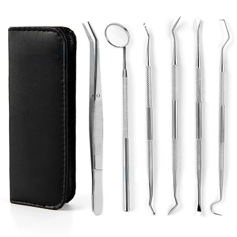 6Pcs /Pack Stainless Steel Dental Tool Oral Care Set for Dental Removal Endoscope Dental Scaling Removal Leather Case Packaging