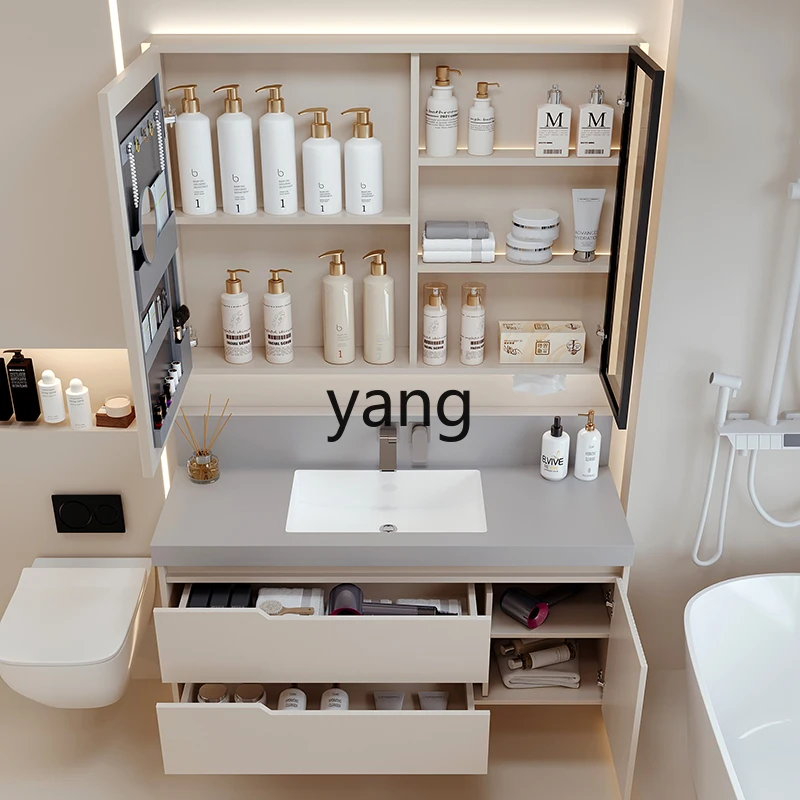 LH Oak Lacquer Bathroom Cabinet Set with Seamless Ceramic Basin and Wall-Mounted Basin Cabinet