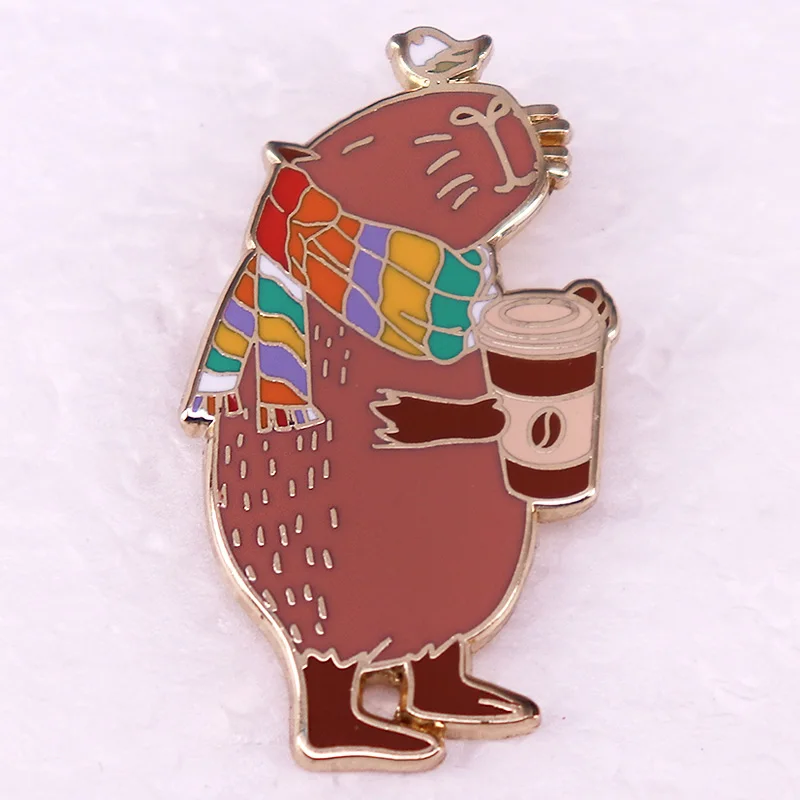 Cute animal capybara holding coffee cup Enamel Pin brooch jewelry for various clothing backpacks and bags