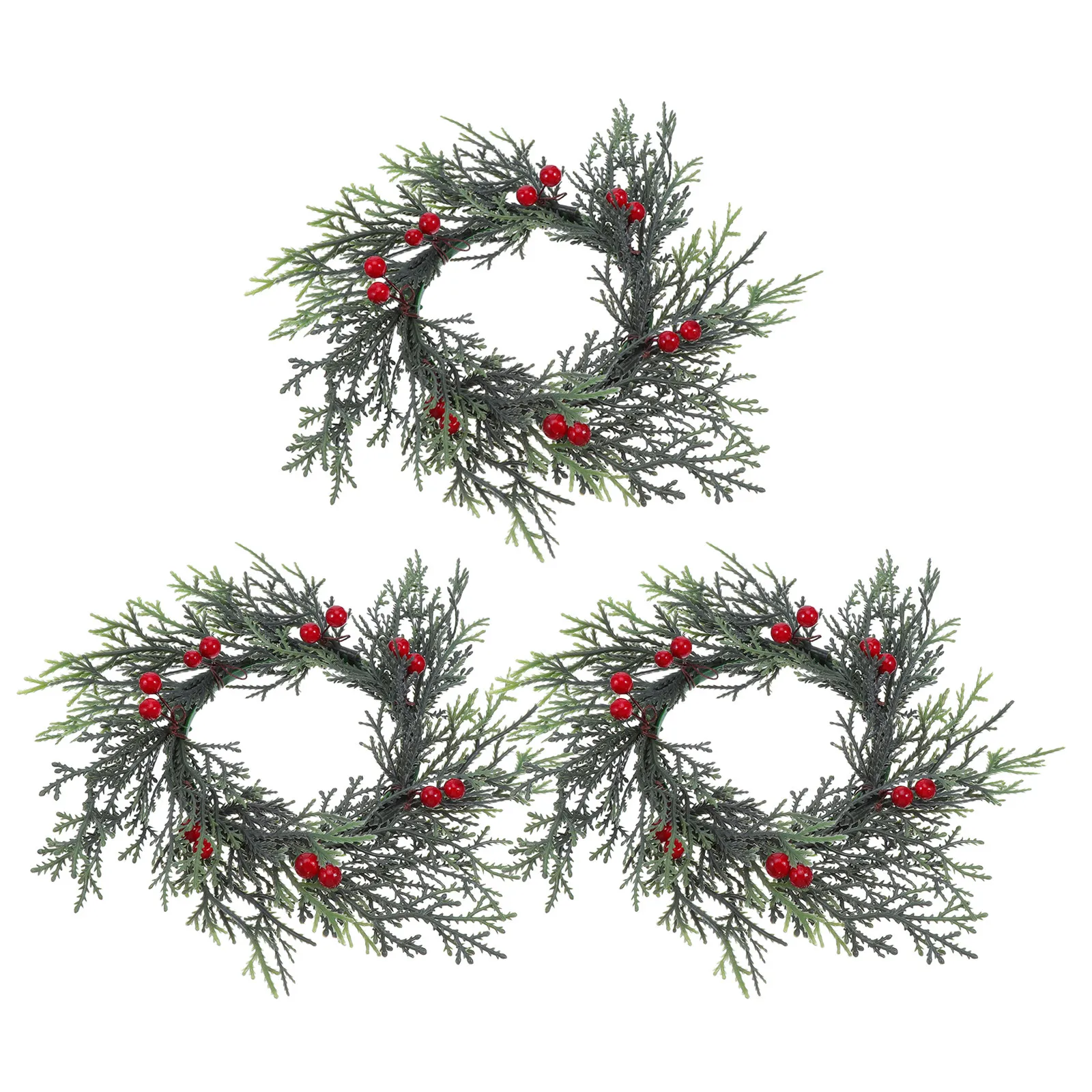 3Pcs Christmas Rings Wreath Artificial Pine Needles Red Berry Garland Holder Mini Xmas Table Holiday Decor