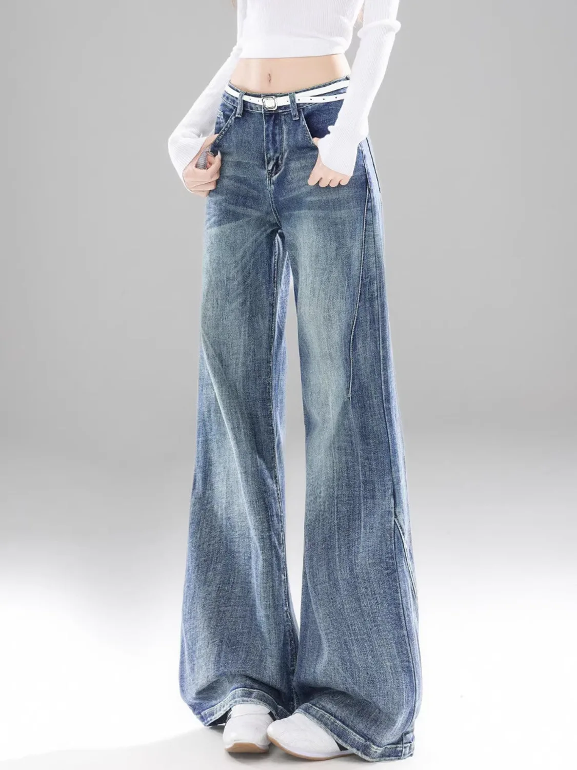 Women's Vintage Washed High Waist Wide Leg Jeans Diagonal Panel Seam Denim Pants Cuffed Hem