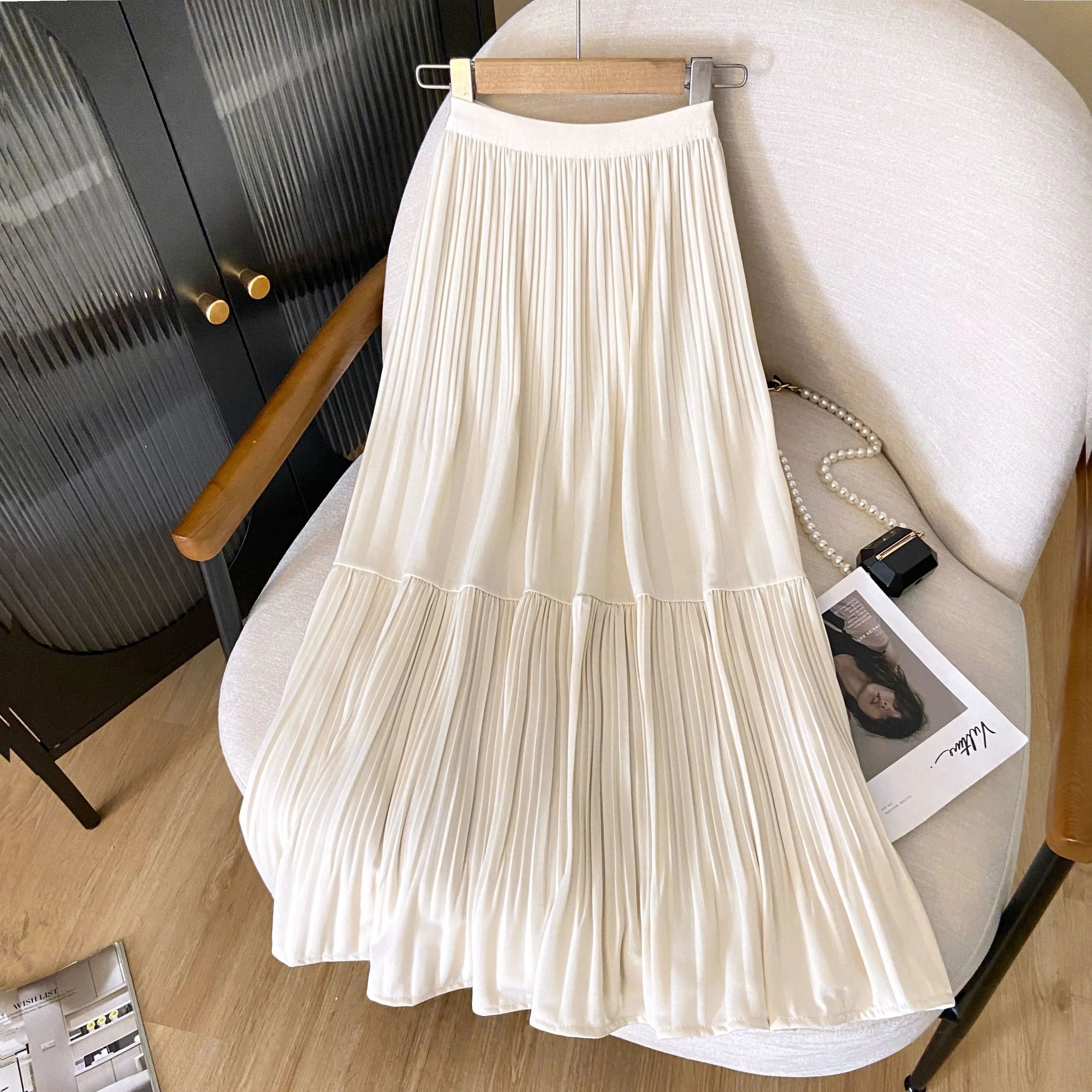 

2024 Fashion Women's Spring Summer New Loose A-line Skirt Female High Waist Pleated Skirts Ladies Solid Color Long Skirt B91