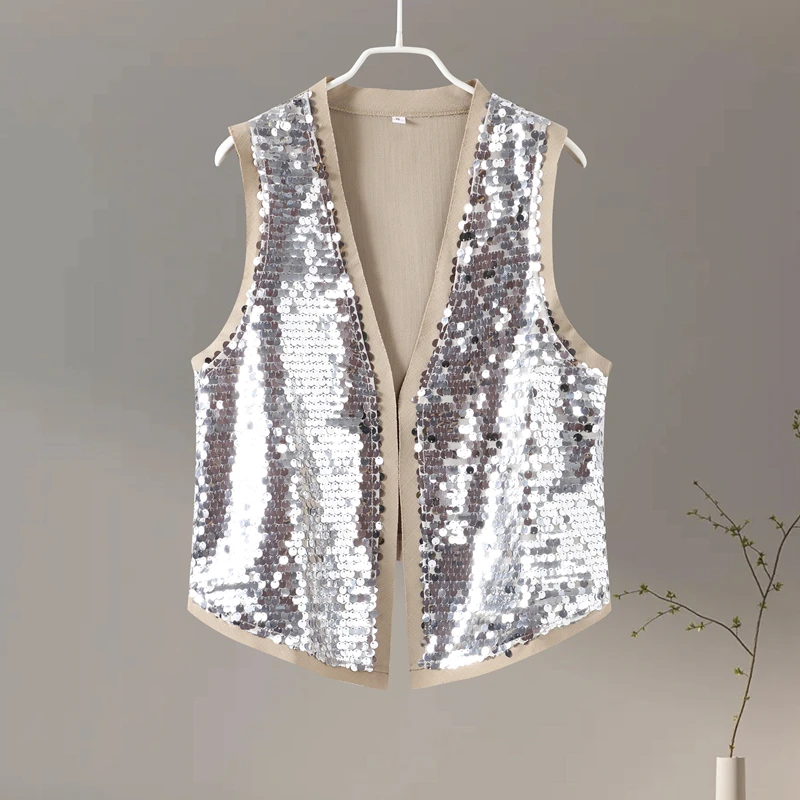 Elegant Sequin Vest Set Women Shinny Loose Sleeveless Top Zipper Short Skirt Suits New Summer Fashion Street Party Outfit S M L