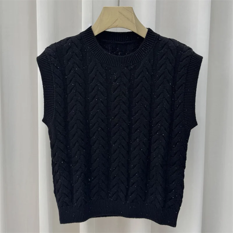 

Женский свитер: Новая эластичная вязаная облегающая безрукавка из чистого хлопка для весны 2026 года, повседневный пуловер с круглым вырезом