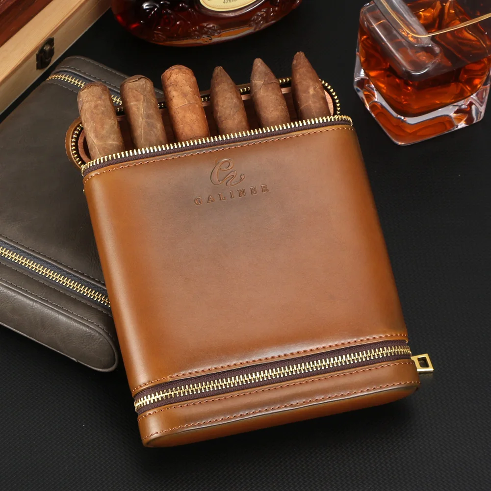 GALINER Leather Cigar Humidor Travel Portable Cigar Storage Bag Cedar Wood Lined Humidor Cigar Case W/ Humidifier