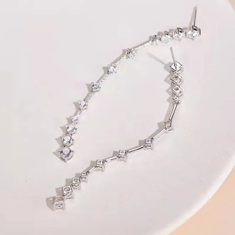 Silver Needle Long Dangle Drop Earrings for Women Cubic Zircon Crystal Wedding Female Tassel Earrings