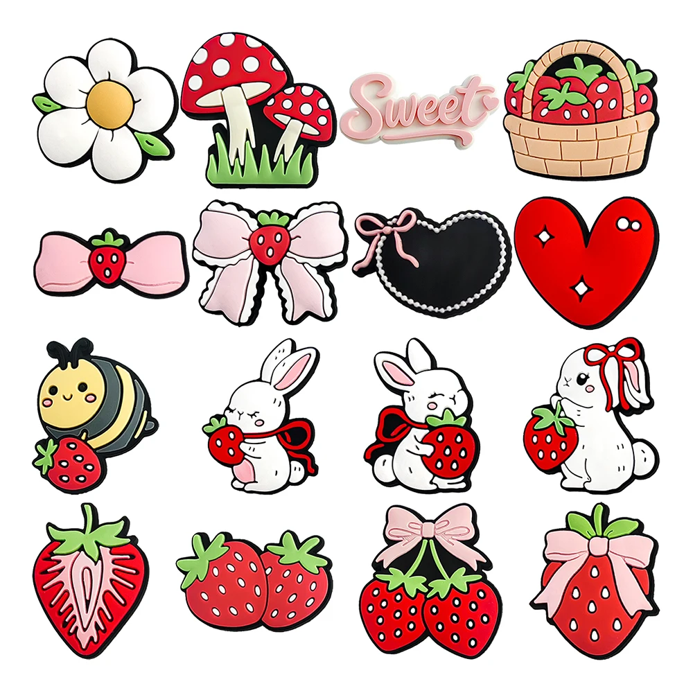 16pcs Rabbit Strawberry Shoe Charms For Slides Sandals, PVC Shoe Decorations Accessories For Christmas Birthday Gift Party Favor