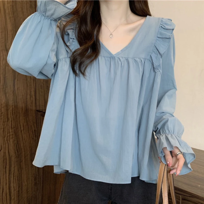 Ruffles Blouses Women V-neck Loose Korean Style Office Lady Temperament Sweet Elegant Design Solid Spring All-match New Chic Ins