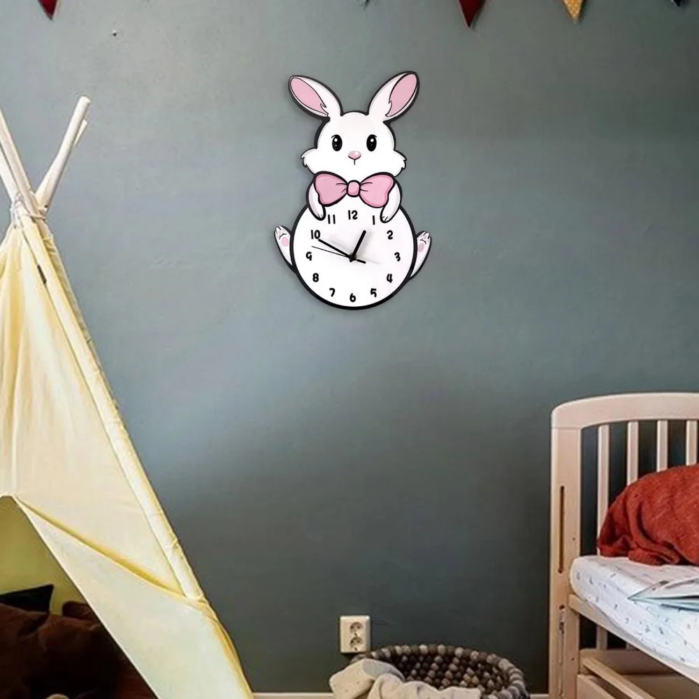 Creative Cute Little White Rabbit Wall Clock Hanging Decorative Cartoon Wall Clock Silent Digital Wall Clock Kids Room