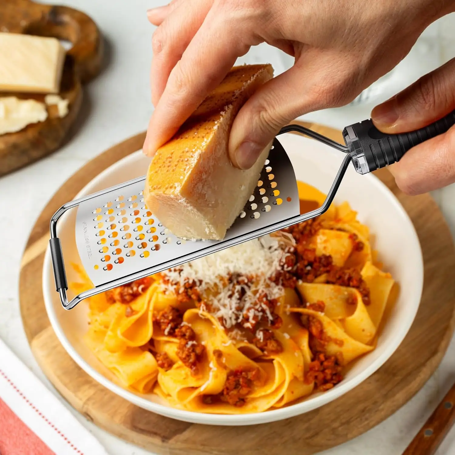 Space Saving Hand Grater, Hangs for Storage, Includes Cleaning Brush & Protective Cover, Rust-Resistant Stainless Steel