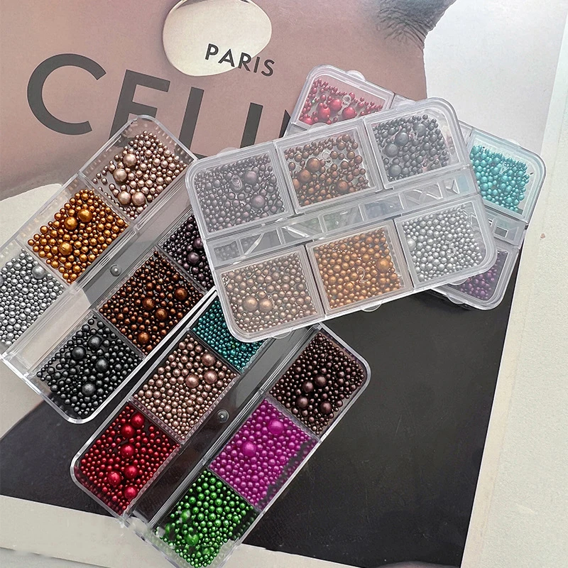 6 rejillas 3D de perlas de resina mezcladas, dijes para uñas, diamantes de imitación navideños coloridos, cuentas redondas rojas y verdes, joyería, decoración de manicura