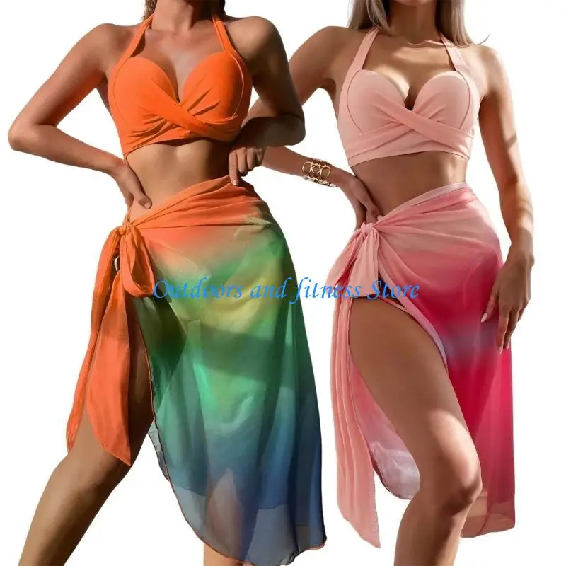 H053 High Cut Swimsuit for Women-Gradient Halter Bikinis Set 3 Pieces Bathing Suits