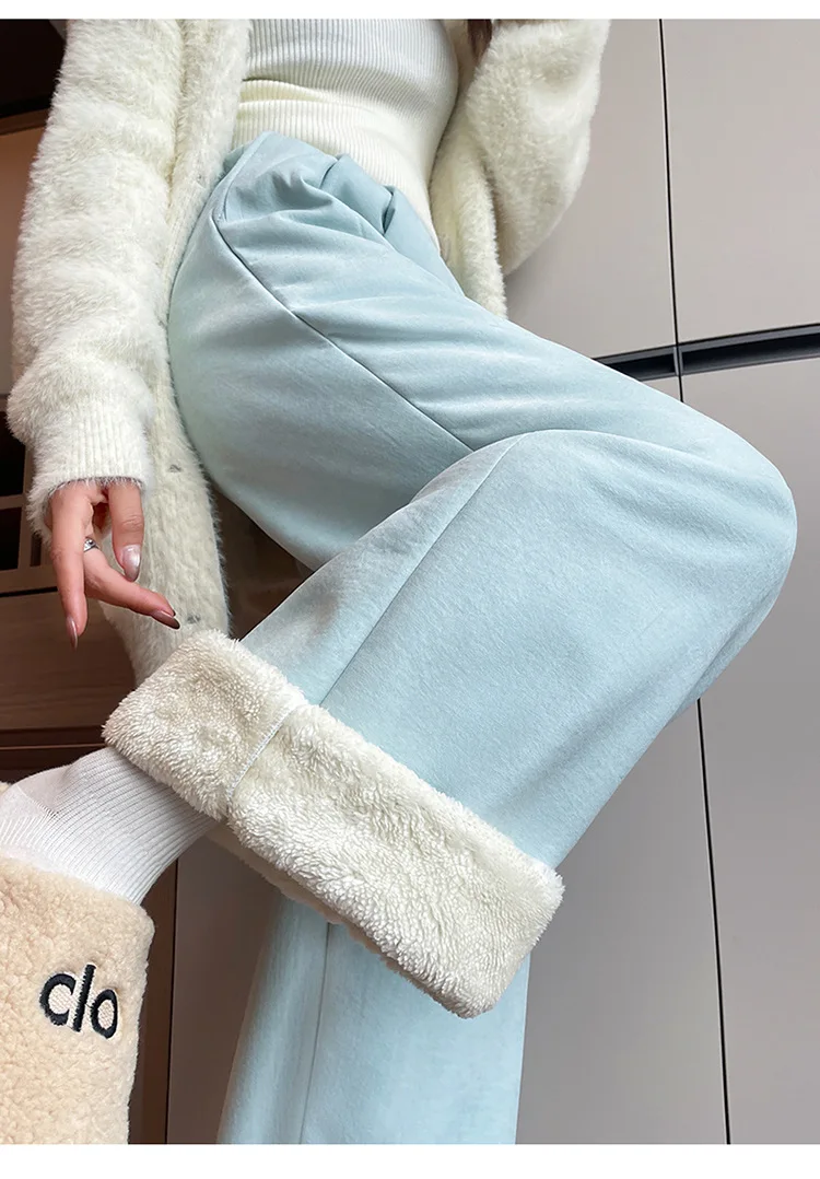 2025 inverno feminino engrossado casual solto calças à prova de vento cintura alta drapeado tubo reto forrado de lã