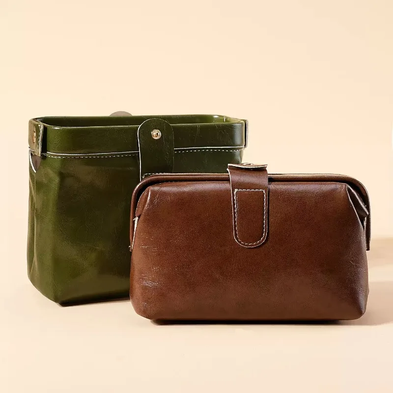 Vintage PU Leather Luxury Cosmetic Bag Large Capacity Make Up Brush Storage Bag Woman Travel Portable Toiletry Bag Purse