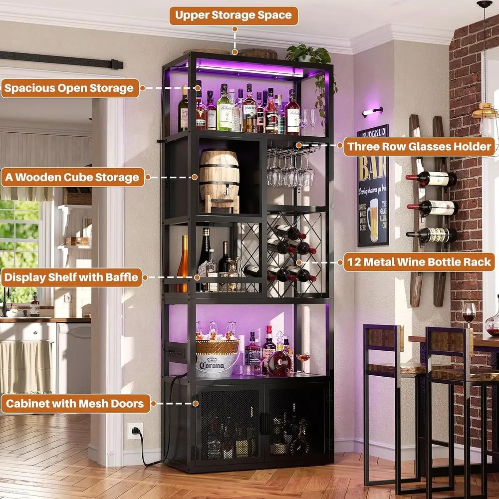 82.6" Tall Bar Cabinet with Power Outlets & LED Lights, Liquor Cabinet Bar or Home, Reversible Coee Station Wine Cabinet with Gl - view 6