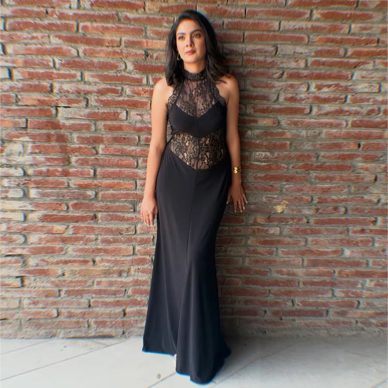 MUJER Spitzen-Neckholder-Maxikleid für Damen, Halbtransparentes Mesh-Langkleid, Schulterfreies Partykleid, Sommer-Strandkleid