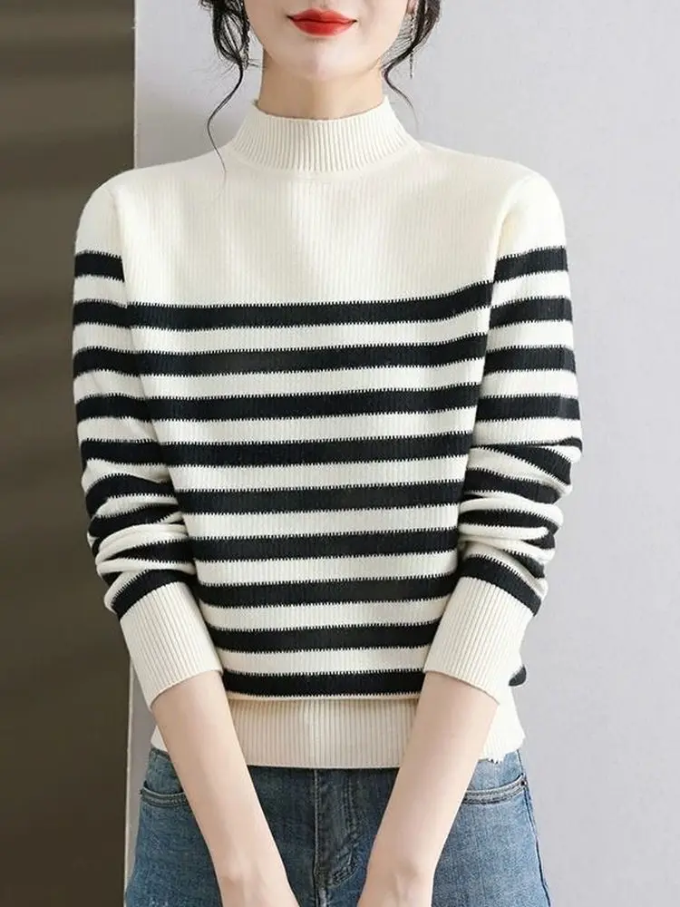 

Women's Stripe Base Shirt 2026 Autumn Winter New Fashion Sweater Half High round Neck Thickened Knitted Top Color Block Design