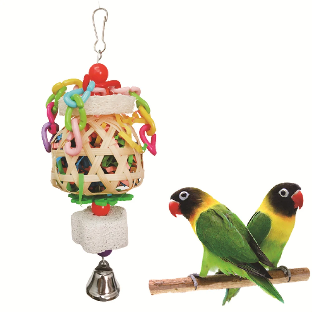 

Parrot Foraging Chewing Toys With Bell Colourful Parakeet Hanging Toys For Cockatiel Sun Parakeet Budgie Lovebird Natural Basket