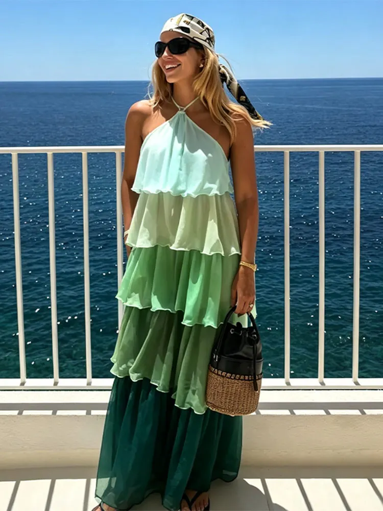 2026 Chic Gradient Women Chiffon Maxi Dress Halter Off Shoulder Tie Back Flowy Ruffle Loose Dresses Summer Beach Vacation Outfit