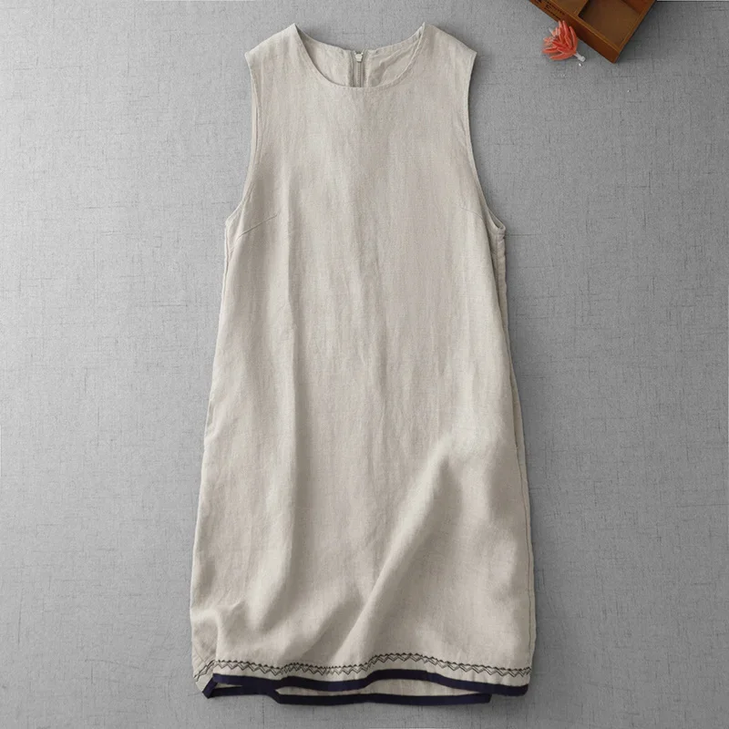 Zomer Nieuwe Vintage Jurk Vrouwen O Hals Mouwloos Losse Rechte Vrouwelijke Jurken Casual Bloemen Borduren Dameskleding