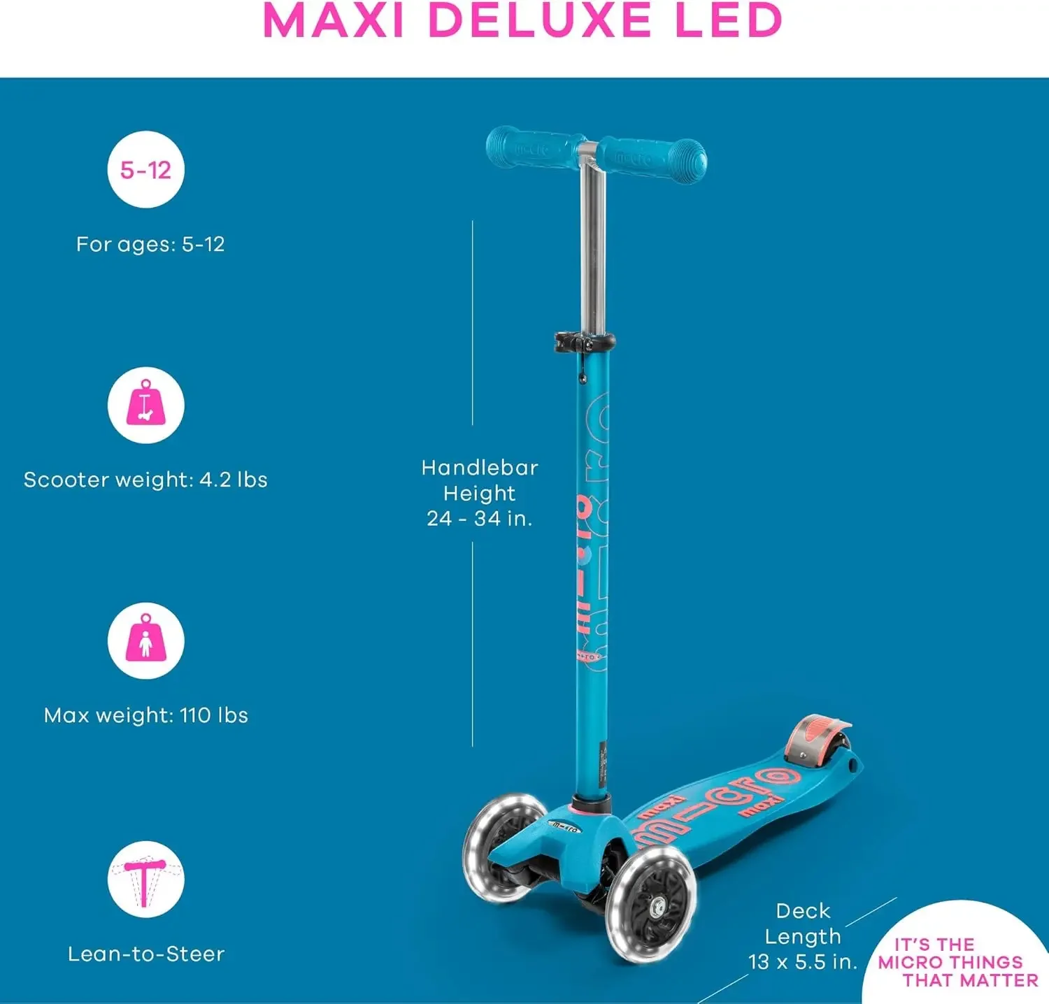 Kickboard - Maxi Deluxe LED - Trottinette à trois roues, de conception suisse pouchée pour enfants avec roues lumineuses activées par le mouvement