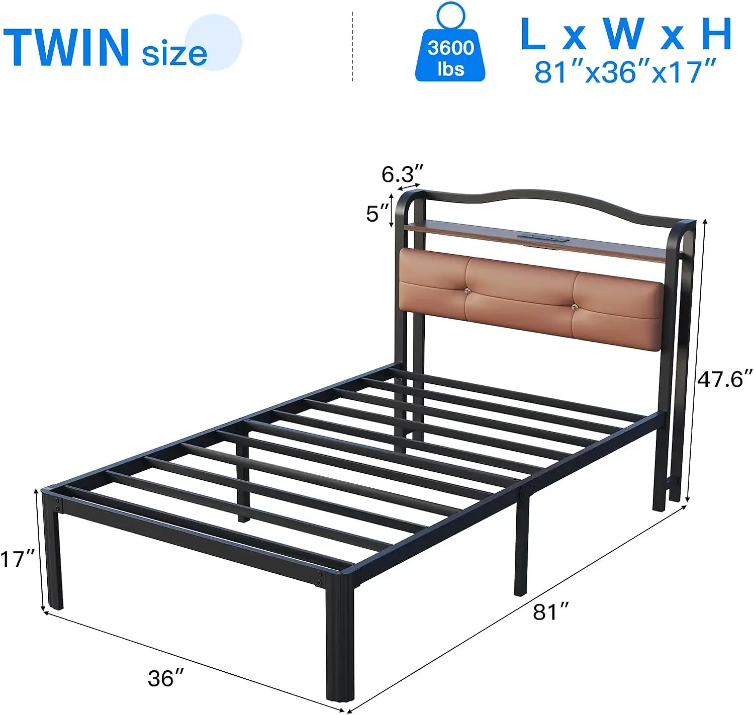 Twin Bed Frames, Twin Frame with Headboard&Charging Station,Black Single Frame No Box Spring Needed,Metal Twin Frame