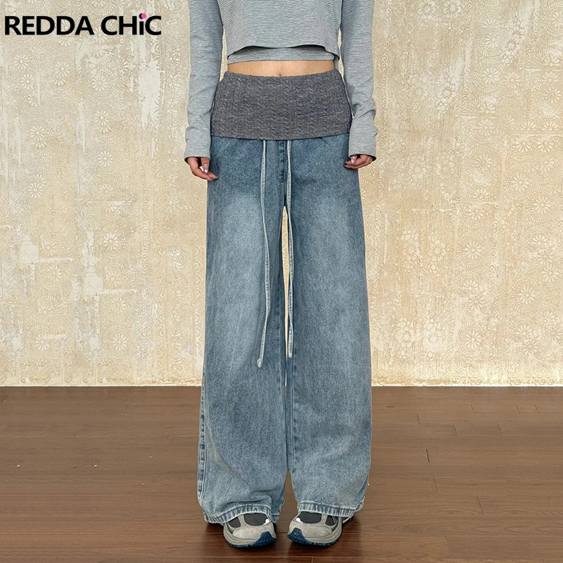 

ReddaChic Knit Patchwork Baggy Jeans Drawstring Low Waist Do Old Straight Wide Leg Pants Vintage Korean Casual Women Streetwear