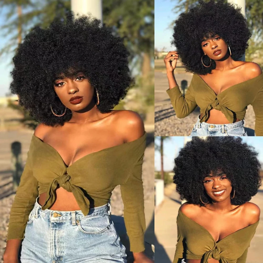 

Афро-парики для чернокожих женщин Короткие вьющиеся афро-кудрявые парики Упругие огромные пушистые пышные парики Премиум Синтетические для косплея и повседневного черного цвета