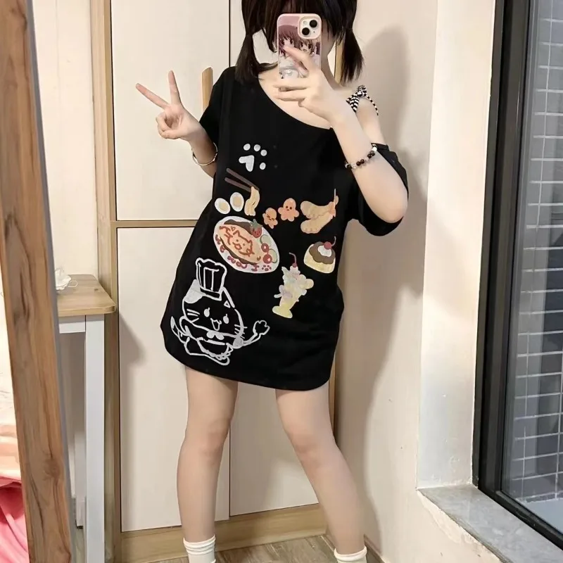 

Japanese Y2k Sweet Summer Short-sleeved Black Top Cool Girl Sexy T-shirt Subculture Cute Women Off Shoulder Cartoon Ptint Tees