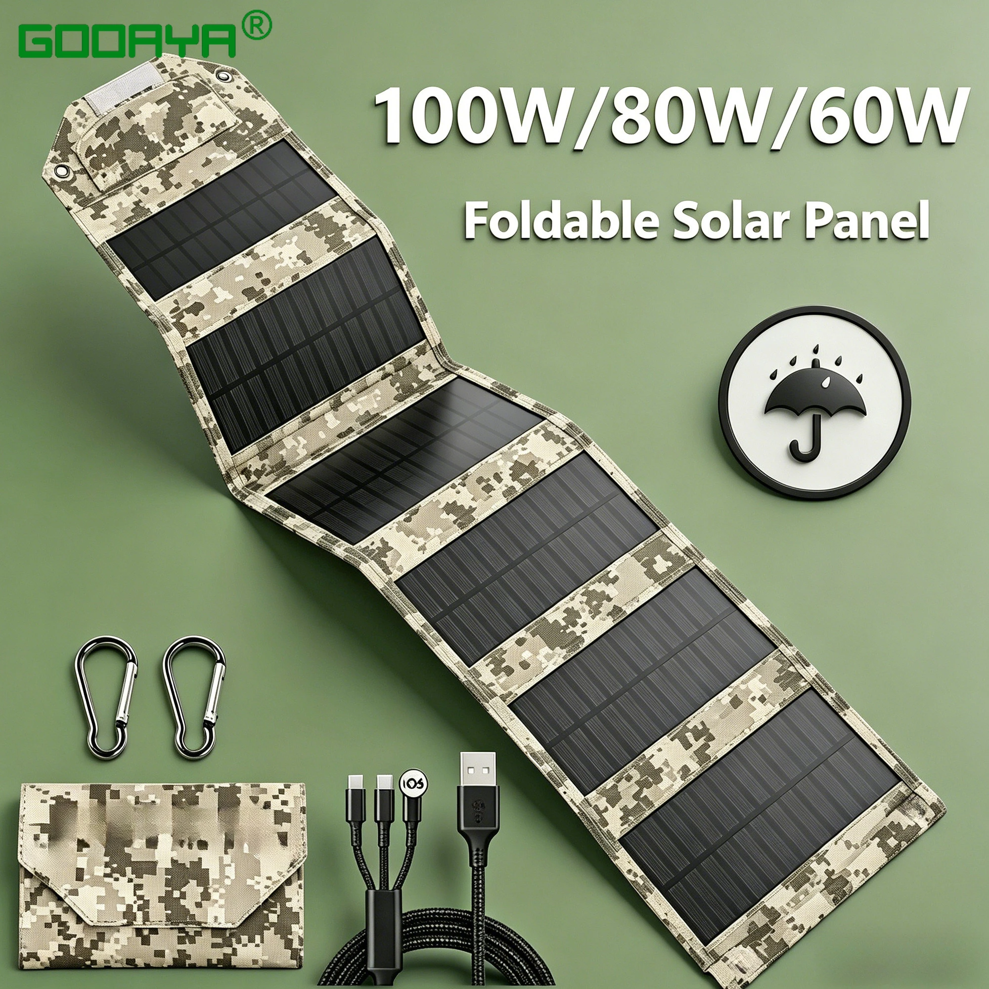 Panel Solar plegable de 60W/80W/100W, cargador Solar USB de 5V, batería Solar portátil, Banco de energía para acampar al aire libre, senderismo + Cable