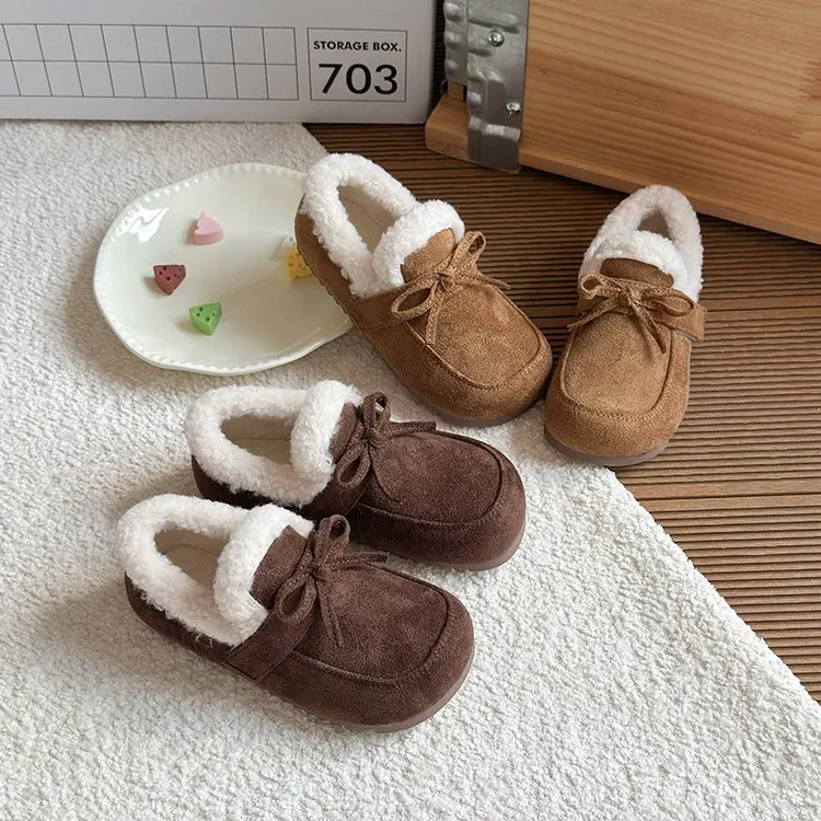 

Зимняя обувь для девочек, теплая хлопковая меховая пушистая детская обувь на плоской подошве с хлопковой подкладкой, детские лоферы без шнуровки, милый нескользящий галстук-бабочка принцессы
