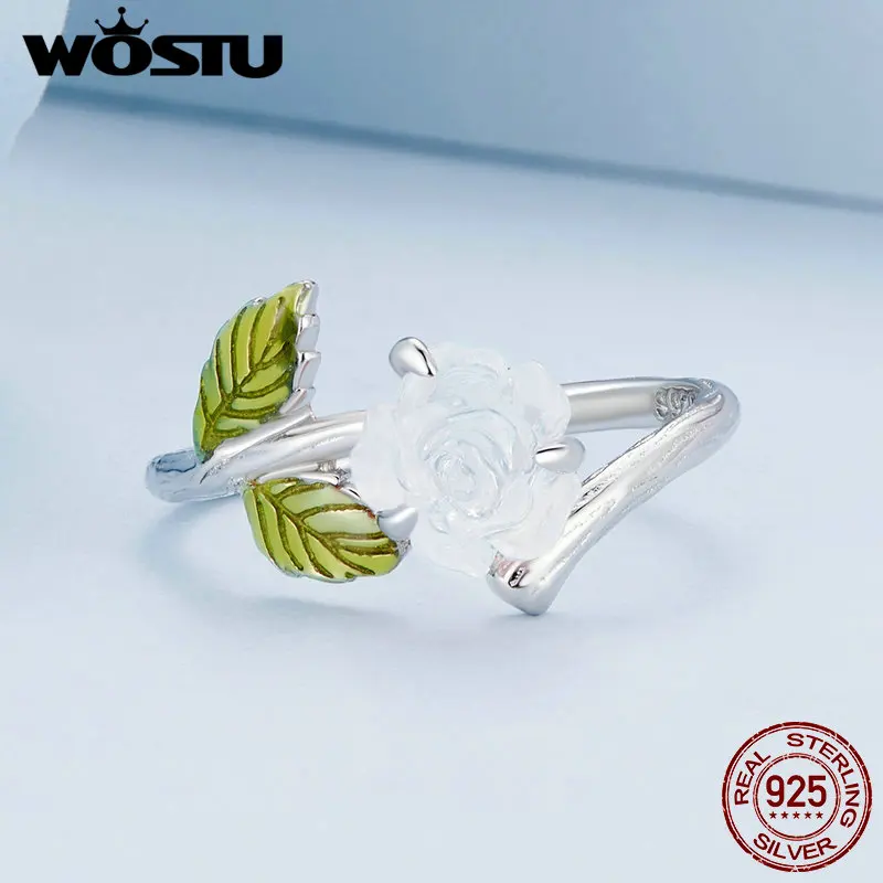 WOSTU Crystal Rose Open Ring 925 Sterling with Pink Resin Silver Fine Jewelry For Women Girl Party Date Birthday Gift