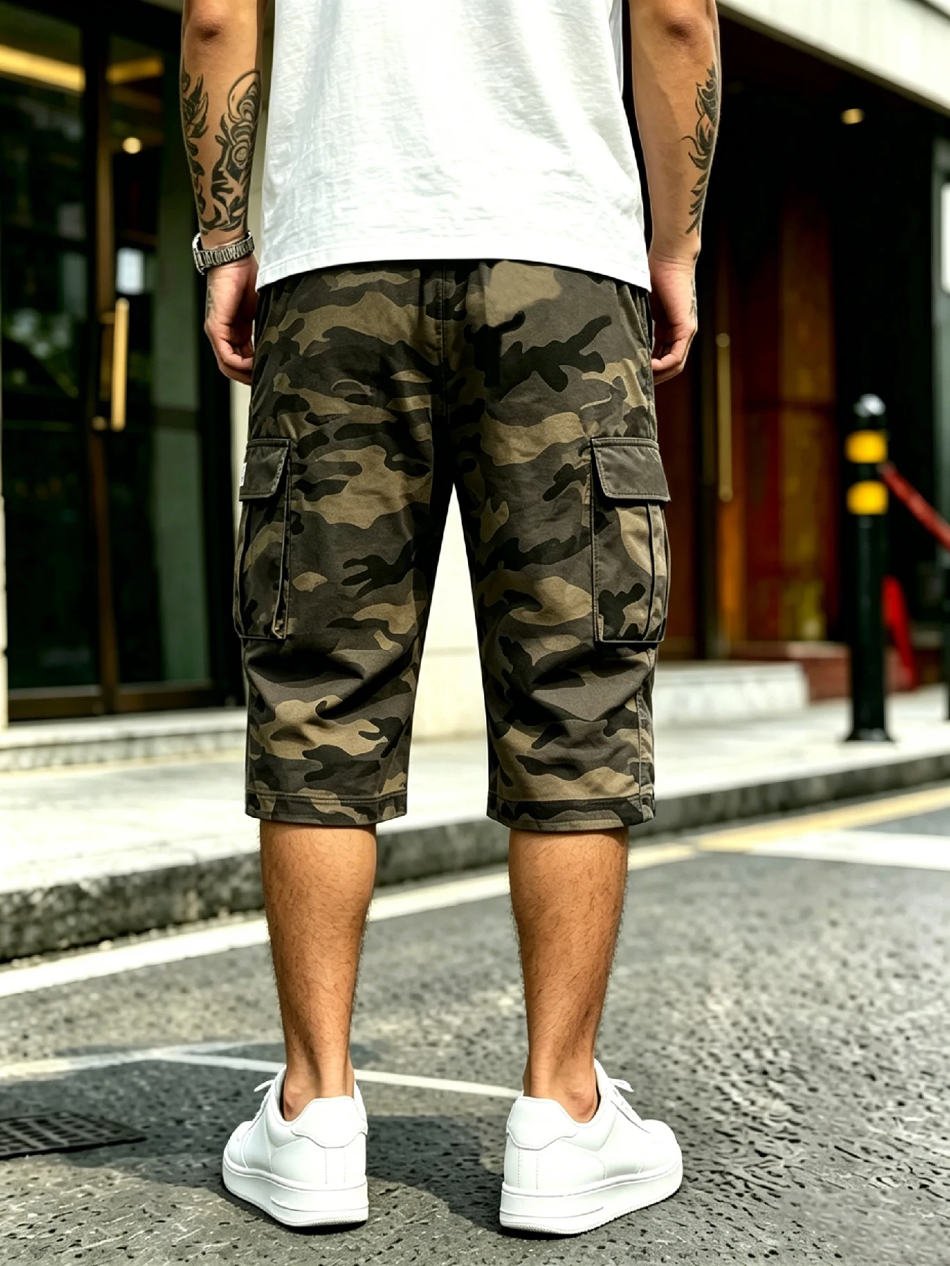 Amerikanische Streetwear-Cargo-Capri-Shorts für Herren, elastischer Kordelzug in der Taille mit mehreren 3D-Cargotaschen, lockere, gerade Passform für Al – Detail 12